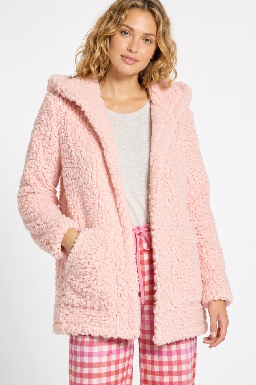 BP Cloud Hooded Teddy Cardigan Pink Plush Sherpa Open Front Cozy Jacket S/M NWT